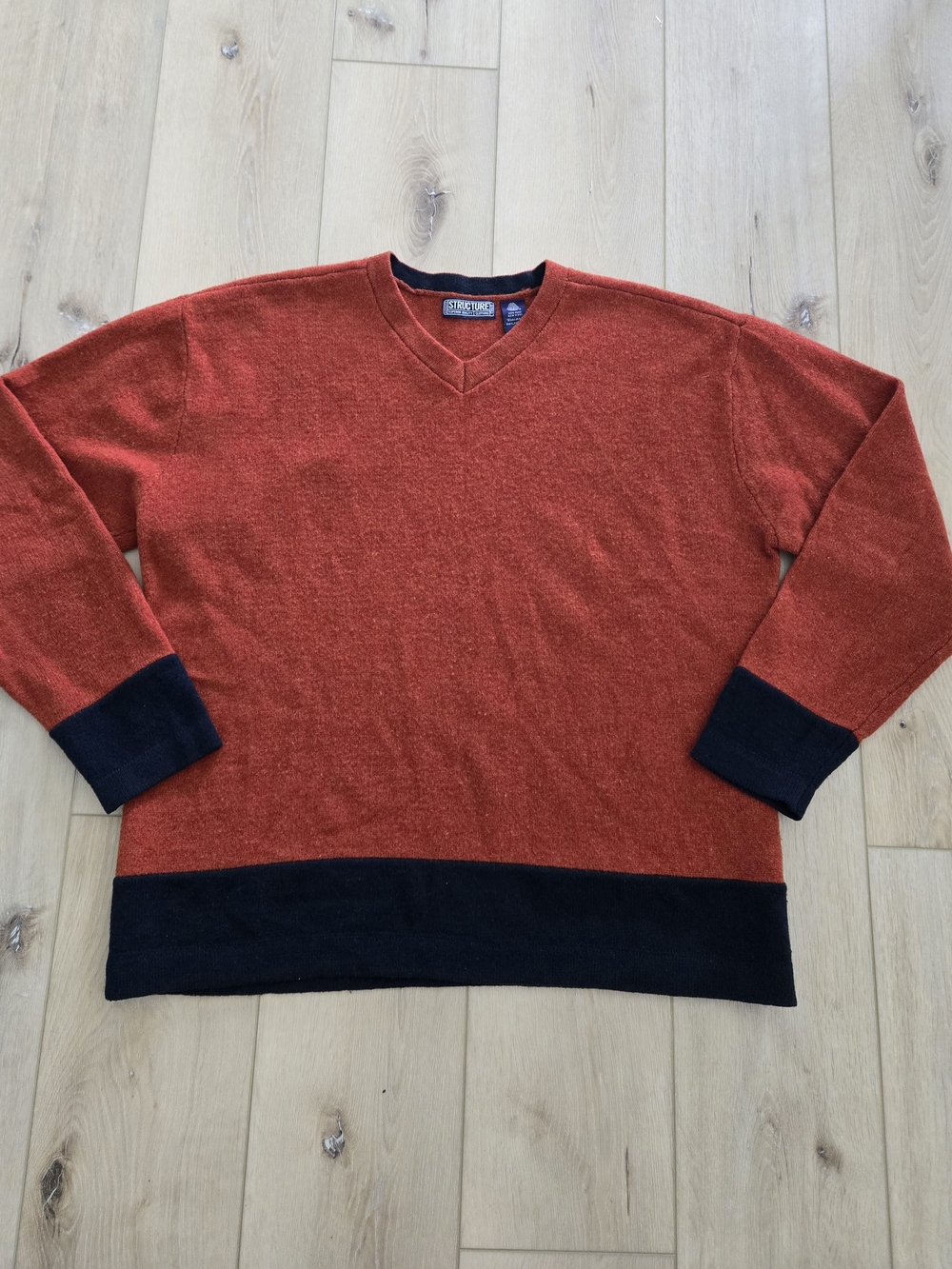 VNTG Structure Wool V-Neck Knit Pullover Sweater Men's L Orange Navy Colorblock